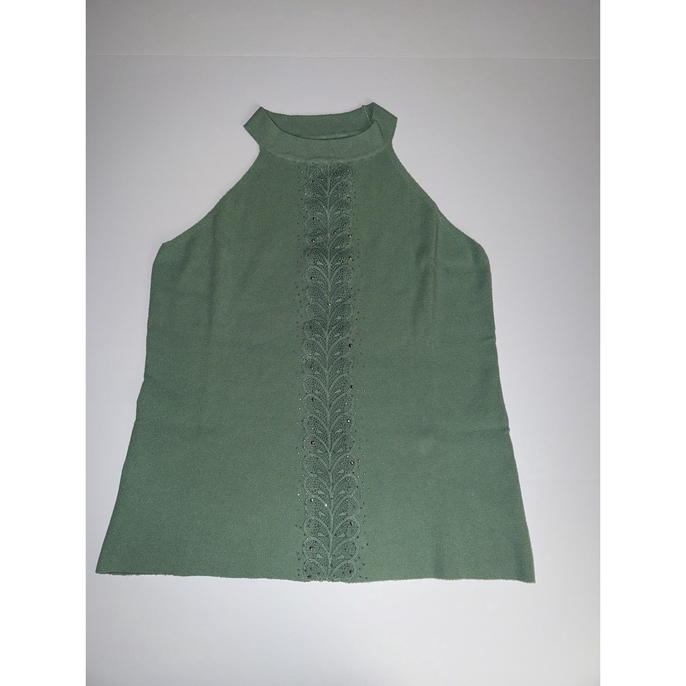 Women Sage Green Halter Tank Top Crochet Embellished See-Thru Sleeveless Shirt